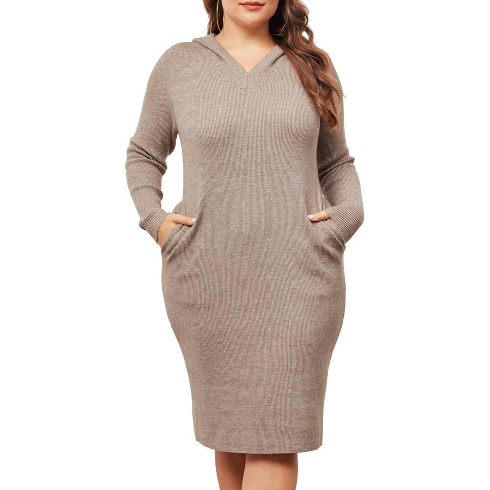 Plus Size Sweater Dress V Neck Hooded Pockets Knit Casual Fall 2X